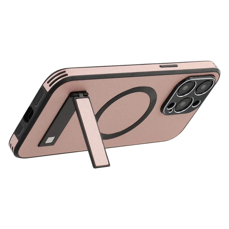 For iPhone 15 Pro Max Kickstand Case Compatible with MagSafe PC + TPU + PU Phone Back Cover - Rose Gold