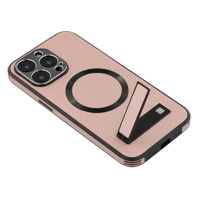 For iPhone 15 Pro Max Kickstand Case Compatible with MagSafe PC + TPU + PU Phone Back Cover - Rose Gold