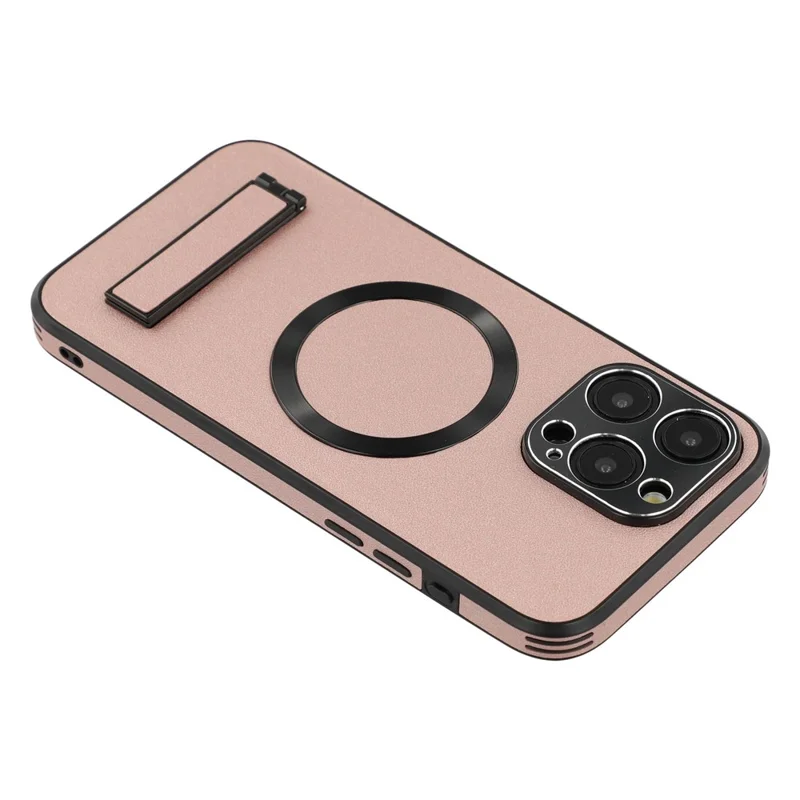 For iPhone 15 Pro Max Kickstand Case Compatible with MagSafe PC + TPU + PU Phone Back Cover - Rose Gold