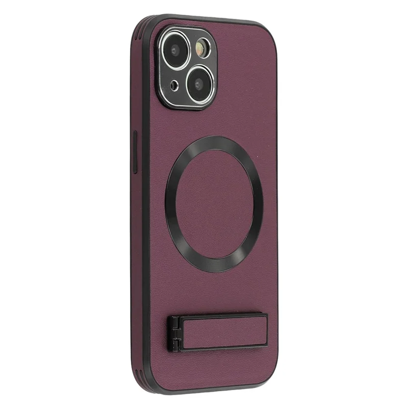 For iPhone 15 Kickstand Case Compatible with MagSafe PC + TPU + PU Phone Back Cover - Wine Red
