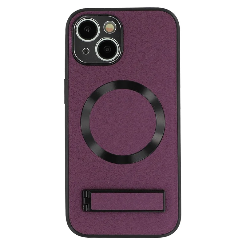 For iPhone 15 Kickstand Case Compatible with MagSafe PC + TPU + PU Phone Back Cover - Wine Red