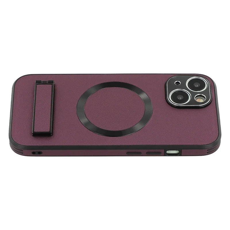For iPhone 15 Kickstand Case Compatible with MagSafe PC + TPU + PU Phone Back Cover - Wine Red