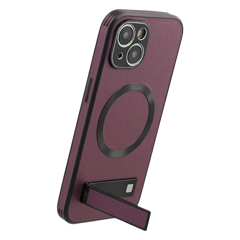 For iPhone 15 Kickstand Case Compatible with MagSafe PC + TPU + PU Phone Back Cover - Wine Red