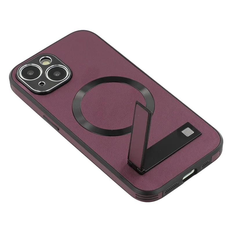 For iPhone 15 Kickstand Case Compatible with MagSafe PC + TPU + PU Phone Back Cover - Wine Red