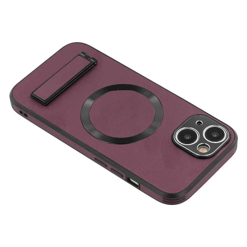 For iPhone 15 Kickstand Case Compatible with MagSafe PC + TPU + PU Phone Back Cover - Wine Red