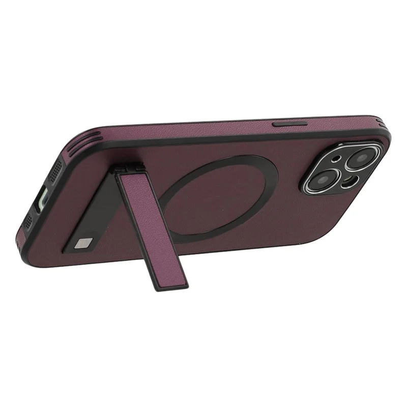 For iPhone 14 Kickstand Case Compatible with MagSafe PC + TPU + PU Phone Back Cover - Wine Red