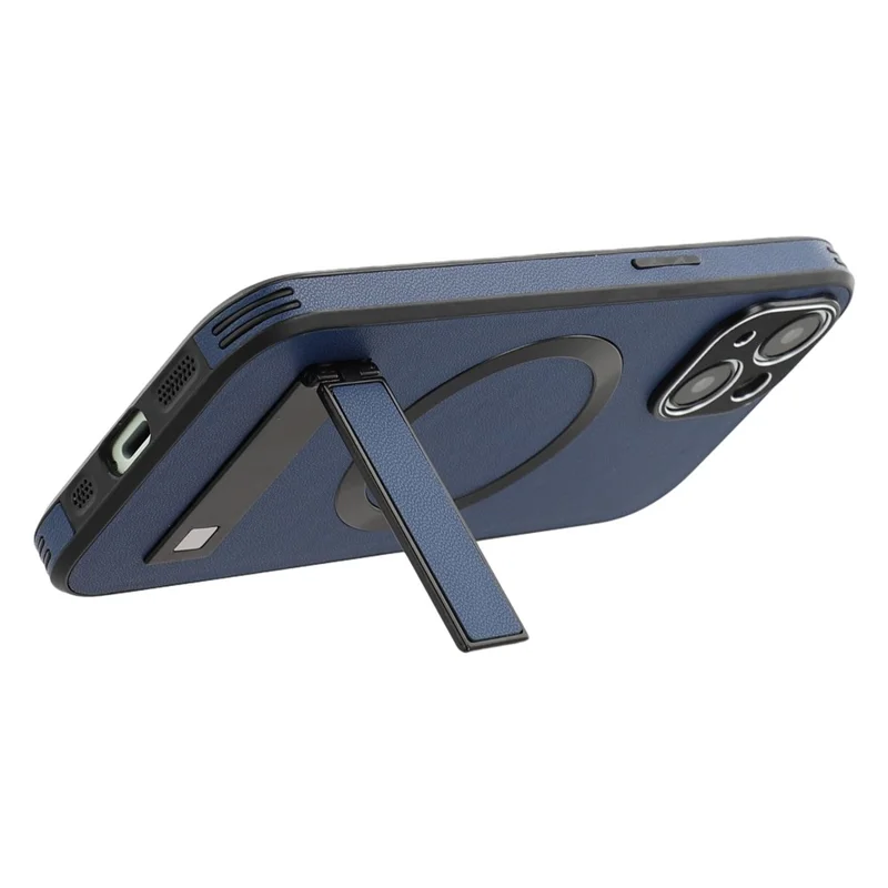For iPhone 14 Kickstand Case Compatible with MagSafe PC + TPU + PU Phone Back Cover - Blue