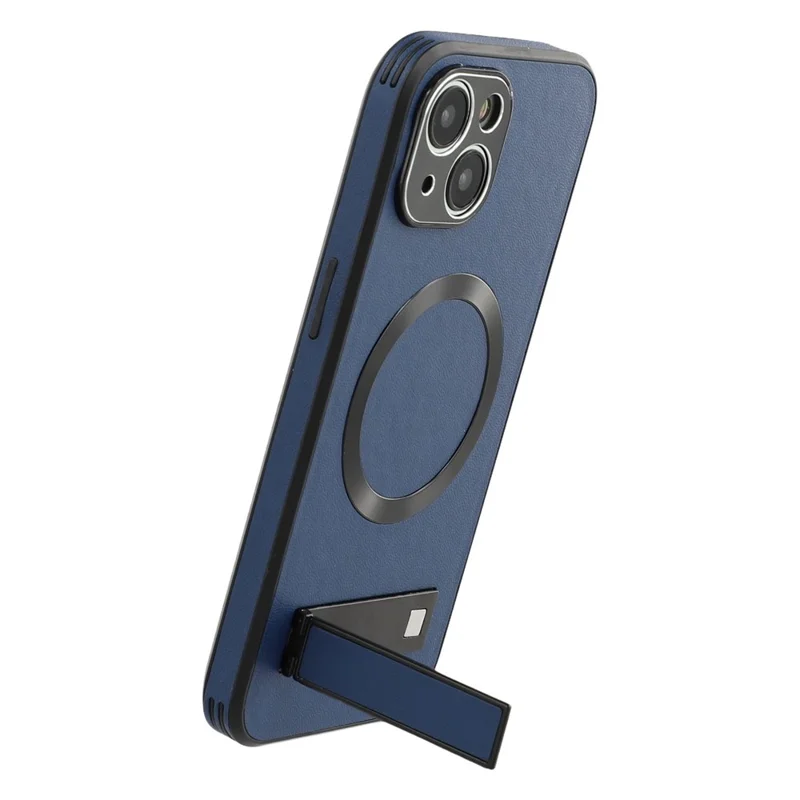 For iPhone 14 Kickstand Case Compatible with MagSafe PC + TPU + PU Phone Back Cover - Blue