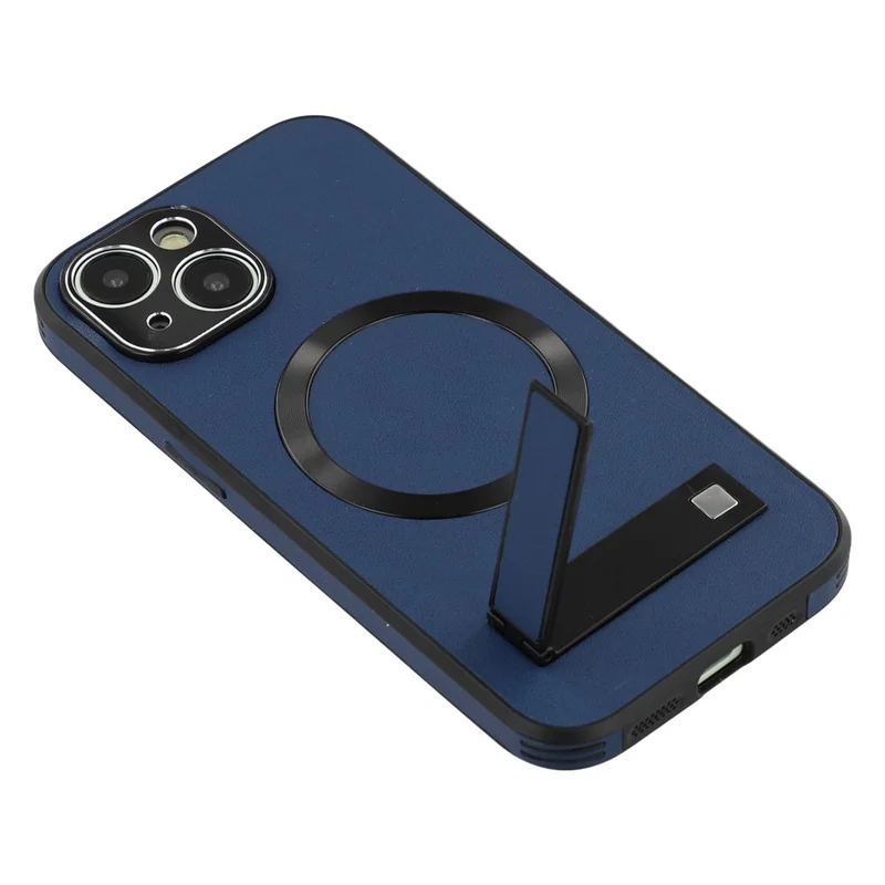 For iPhone 14 Kickstand Case Compatible with MagSafe PC + TPU + PU Phone Back Cover - Blue