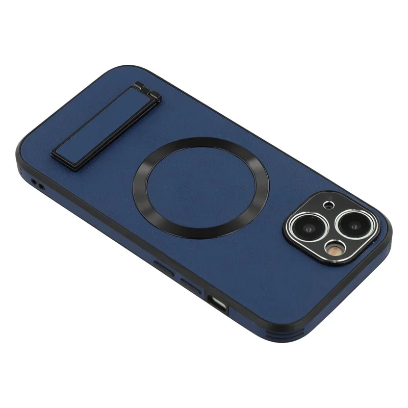 For iPhone 14 Kickstand Case Compatible with MagSafe PC + TPU + PU Phone Back Cover - Blue