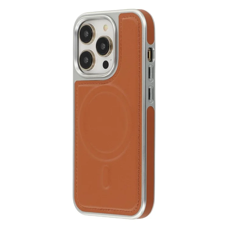 Étui pour iPhone 14 Pro Compatible avec MagSafe, Bordure Électrolytique PU + TPU + PC - Marron