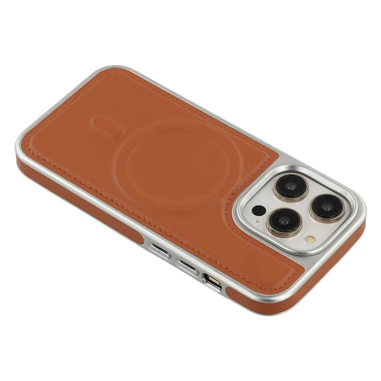 Étui pour iPhone 14 Pro Compatible avec MagSafe, Bordure Électrolytique PU + TPU + PC - Marron