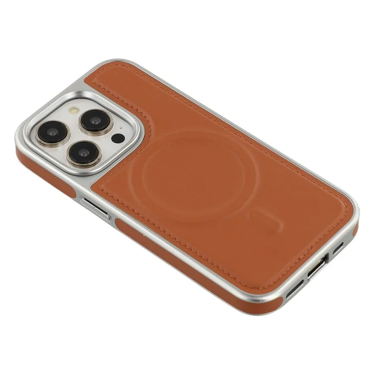 Étui pour iPhone 14 Pro Compatible avec MagSafe, Bordure Électrolytique PU + TPU + PC - Marron