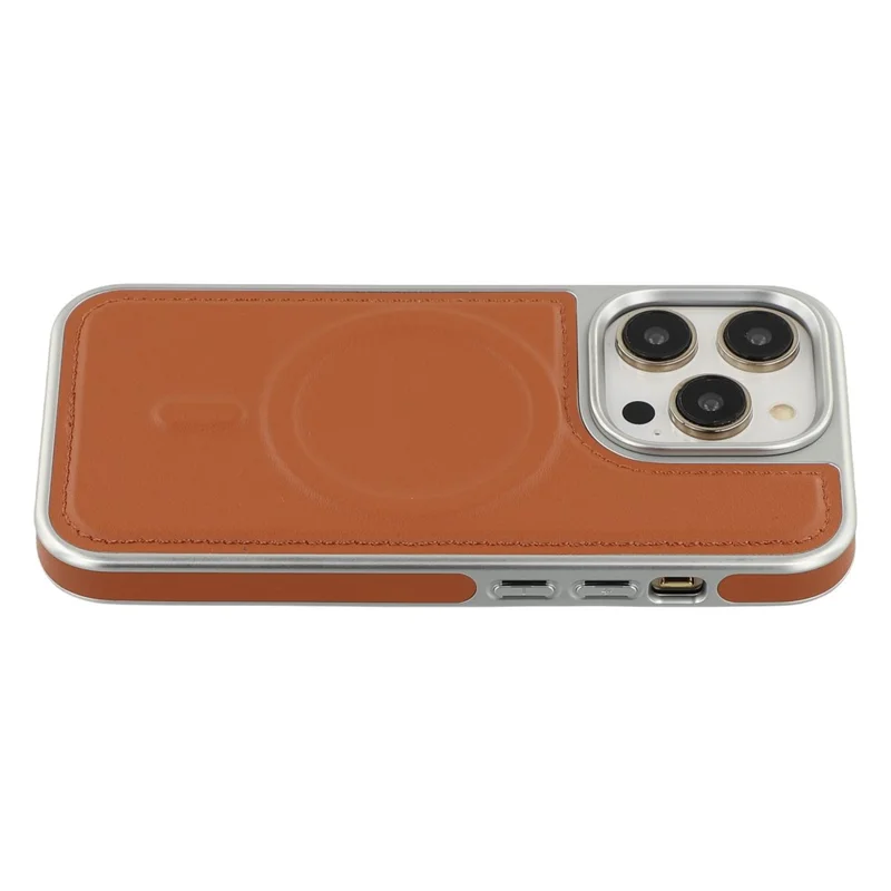Capa para iPhone 15 Pro Compatível com MagSafe, Borda Eletroplastificada, PU + TPU + PC, Capa Traseira para Celular - Marrom