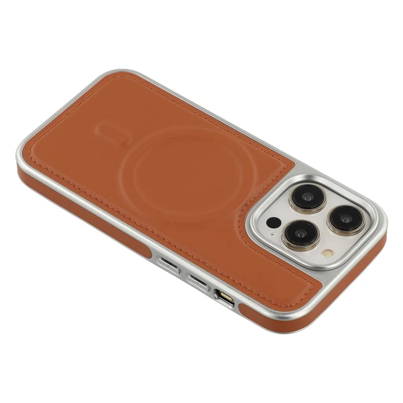 Capa para iPhone 15 Pro Compatível com MagSafe, Borda Eletroplastificada, PU + TPU + PC, Capa Traseira para Celular - Marrom