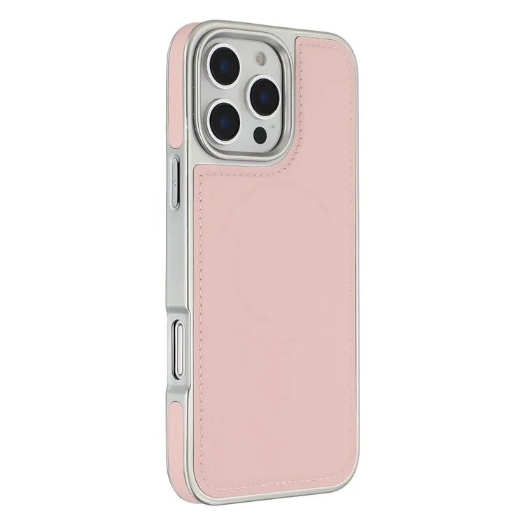 Étui pour iPhone 16 Pro Max Compatible avec MagSafe, Bordure Électrolytique PU + TPU + PC Coque Arrière de Téléphone - Rose