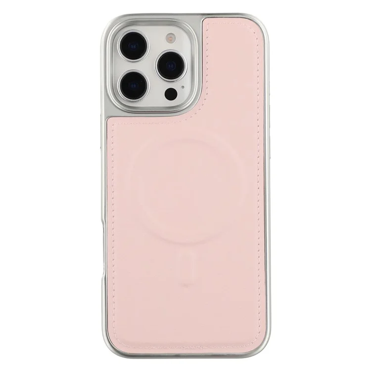 Étui pour iPhone 16 Pro Max Compatible avec MagSafe, Bordure Électrolytique PU + TPU + PC Coque Arrière de Téléphone - Rose