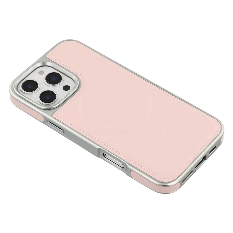 Étui pour iPhone 16 Pro Max Compatible avec MagSafe, Bordure Électrolytique PU + TPU + PC Coque Arrière de Téléphone - Rose