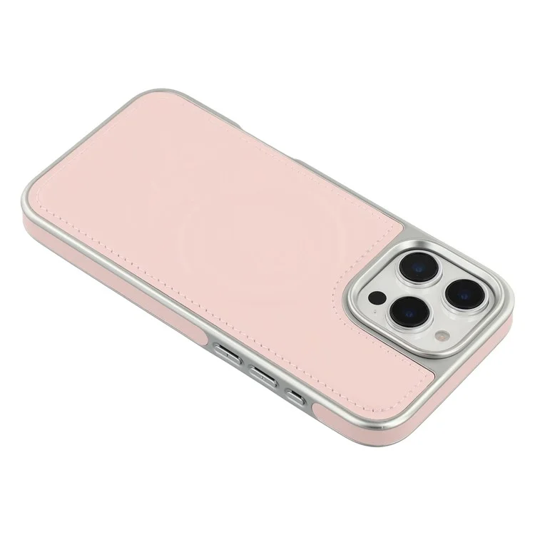 Étui pour iPhone 16 Pro Max Compatible avec MagSafe, Bordure Électrolytique PU + TPU + PC Coque Arrière de Téléphone - Rose