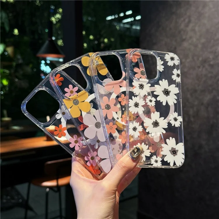For iPhone 16 Pro Max Magnetic Case IMD Flower Pattern TPU + PC Clear Back Phone Cover - Style A