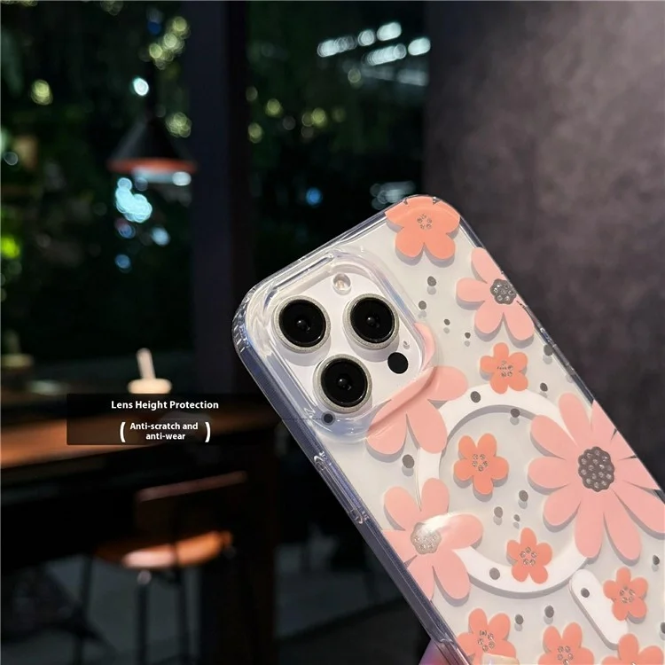 For iPhone 16 Pro Max Magnetic Case IMD Flower Pattern TPU + PC Clear Back Phone Cover - Style A