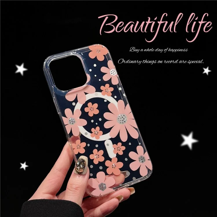 For iPhone 15 Pro Max Magnetic Case IMD Flower Pattern TPU + PC Clear Back Phone Cover - Style A