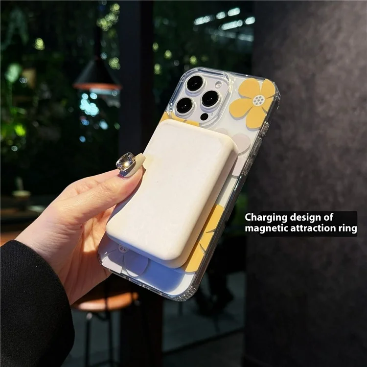 For iPhone 15 Pro Max Magnetic Case IMD Flower Pattern TPU + PC Clear Back Phone Cover - Style A