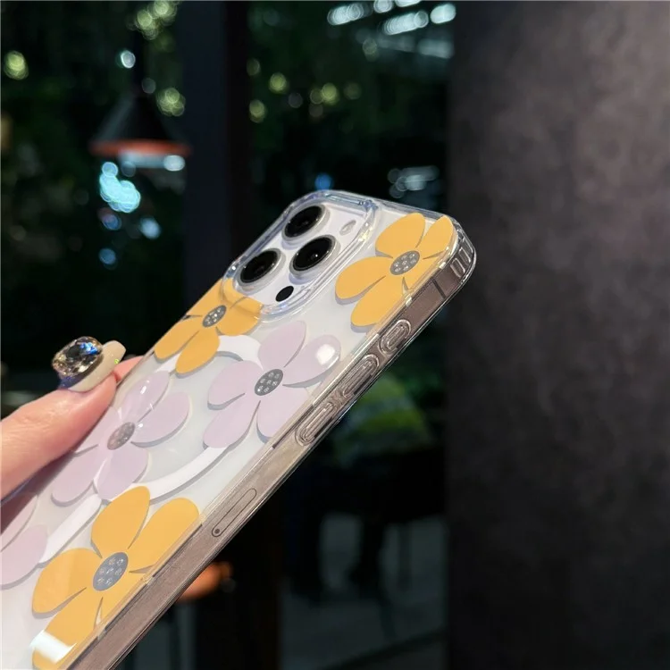For iPhone 15 Pro Max Magnetic Case IMD Flower Pattern TPU + PC Clear Back Phone Cover - Style A