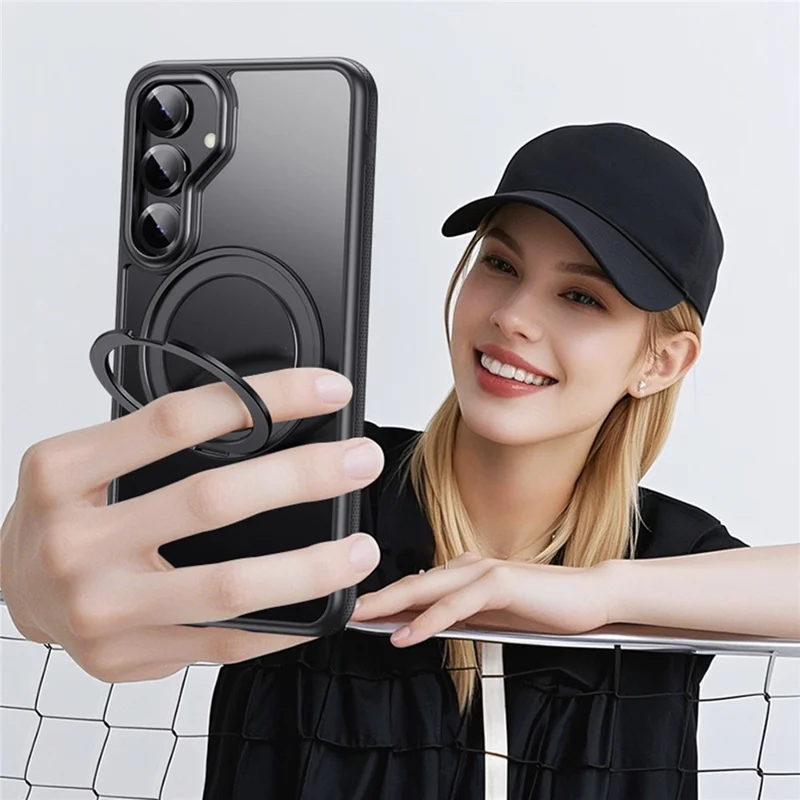 Für Samsung Galaxy S25+ magnetische Hülle mit rotierendem Gear Pivot Ständer PC + TPU Rückseite - Matt Schwarz