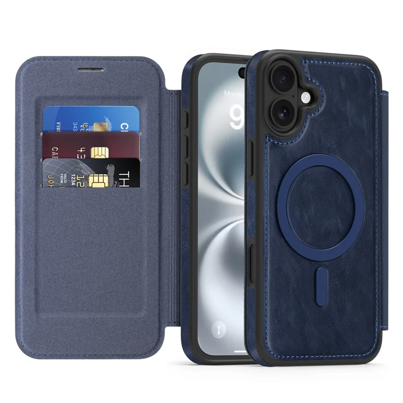 For iPhone 16 Plus Case Compatible with MagSafe RFID Blocking Card Holder Leather Phone Cover - Sapphire