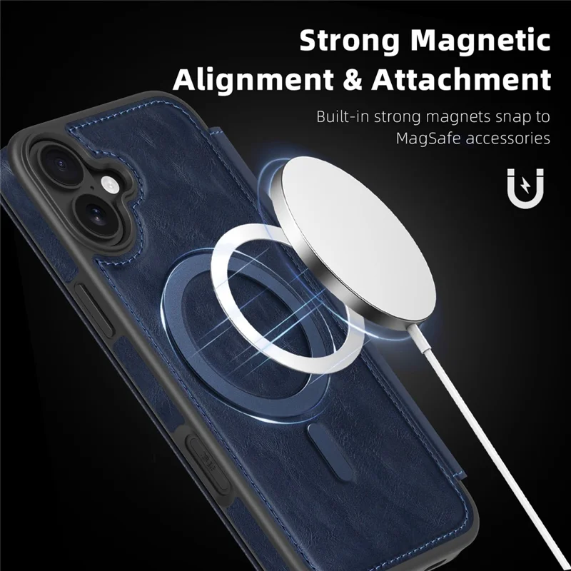 For iPhone 16 Plus Case Compatible with MagSafe RFID Blocking Card Holder Leather Phone Cover - Sapphire