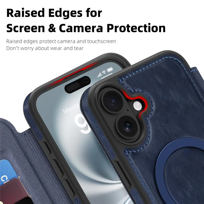 For iPhone 16 Plus Case Compatible with MagSafe RFID Blocking Card Holder Leather Phone Cover - Sapphire
