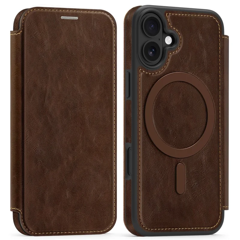 For iPhone 16 Case Compatible with MagSafe RFID Blocking Card Holder Leather Phone Cover - Coffee
