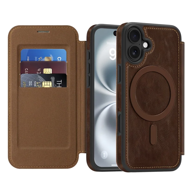 For iPhone 16 Case Compatible with MagSafe RFID Blocking Card Holder Leather Phone Cover - Coffee