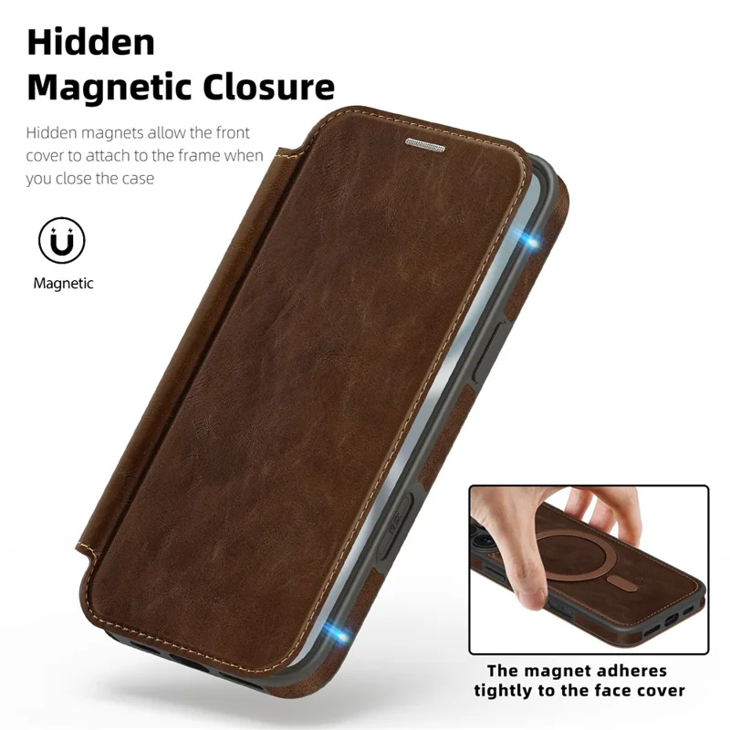 For iPhone 16 Case Compatible with MagSafe RFID Blocking Card Holder Leather Phone Cover - Coffee