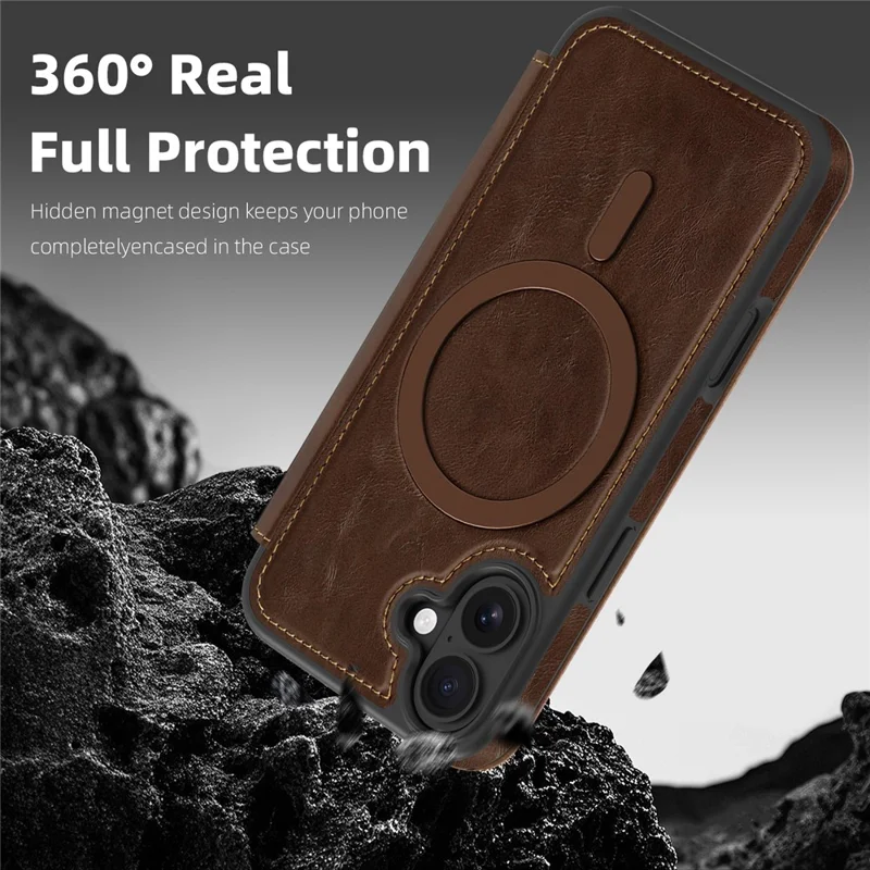 For iPhone 16 Case Compatible with MagSafe RFID Blocking Card Holder Leather Phone Cover - Coffee