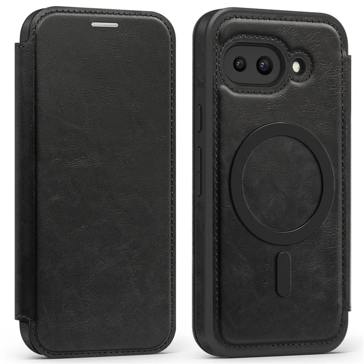 For Google Pixel 9a Case Compatible with MagSafe RFID Blocking Card Holder Leather Phone Cover - Black