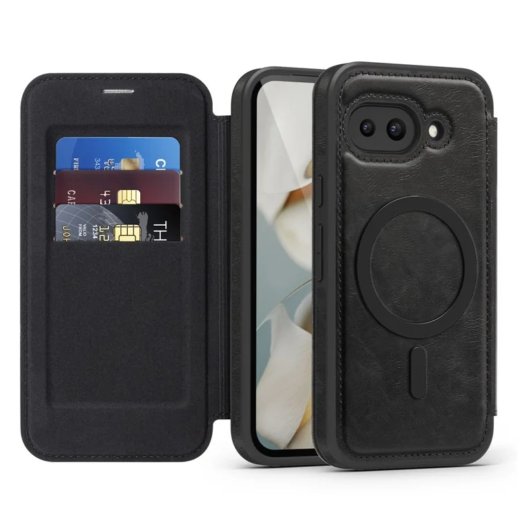 For Google Pixel 9a Case Compatible with MagSafe RFID Blocking Card Holder Leather Phone Cover - Black