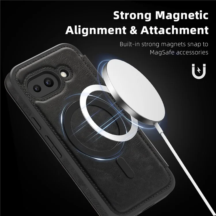 For Google Pixel 9a Case Compatible with MagSafe RFID Blocking Card Holder Leather Phone Cover - Black