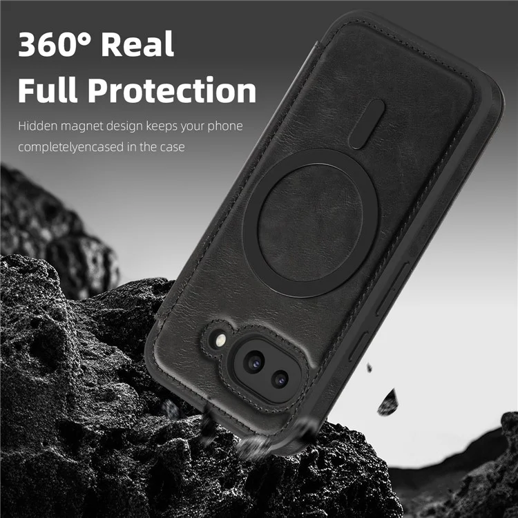 For Google Pixel 9a Case Compatible with MagSafe RFID Blocking Card Holder Leather Phone Cover - Black