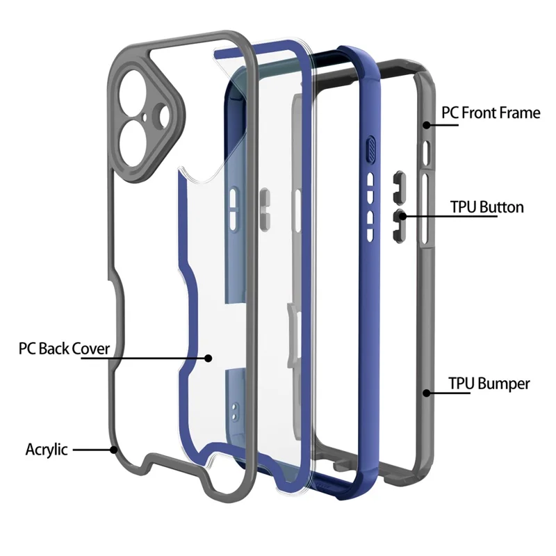 For iPhone 16 Case Detachable 4 in 1 TPU + Acrylic + PC Shockproof Phone Cover - Sapphire + Dark Grey