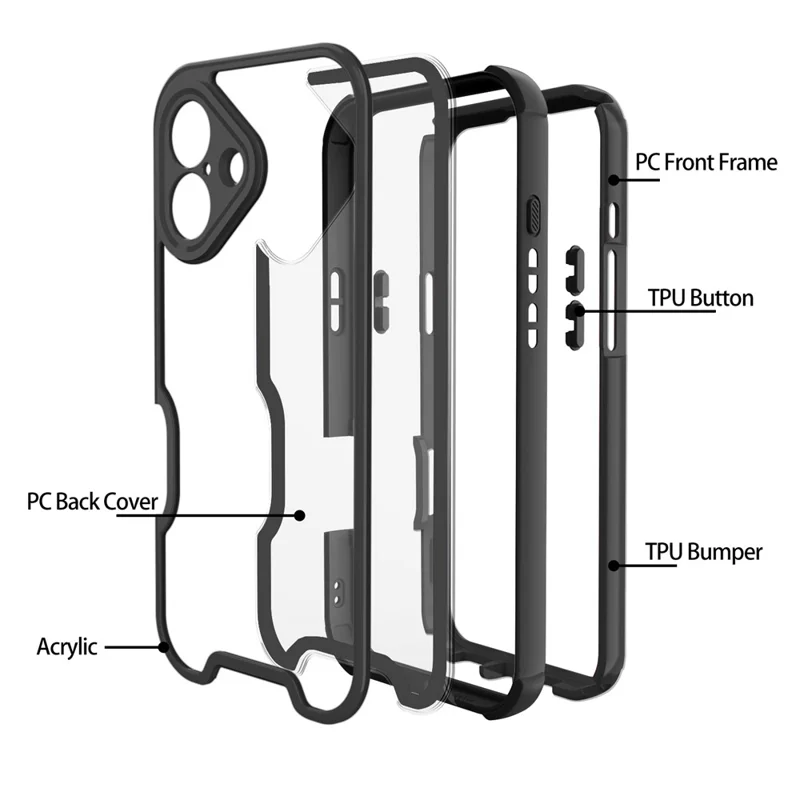 For iPhone 16 Plus Case Detachable 4 in 1 TPU + Acrylic + PC Shockproof Phone Cover - Black