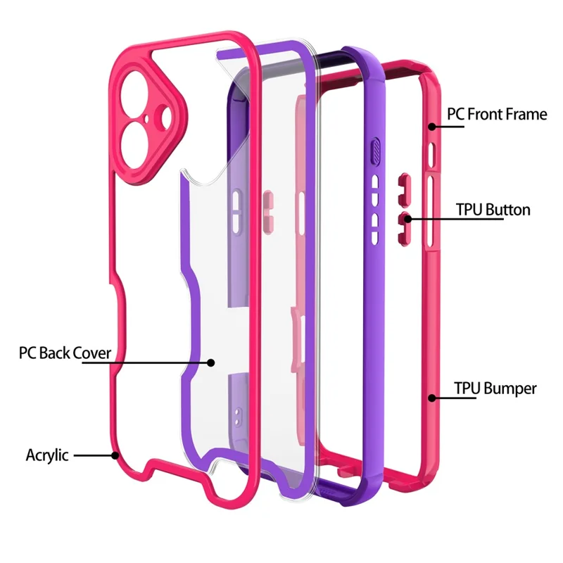 For iPhone 16 Plus Case Detachable 4 in 1 TPU + Acrylic + PC Shockproof Phone Cover - Blue Purple + Rose