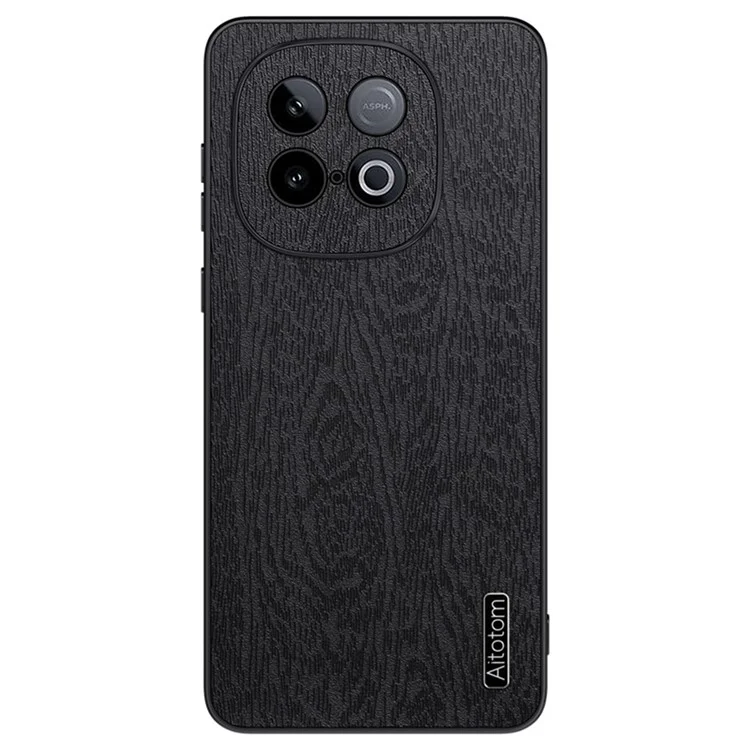 For vivo iQOO Z10 Turbo 5G Case Wood Texture PU Leather Coated PC TPU Phone Cover - Black
