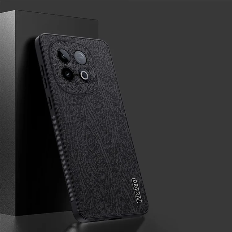 For vivo iQOO Z10 Turbo 5G Case Wood Texture PU Leather Coated PC TPU Phone Cover - Black