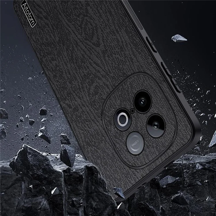 For vivo iQOO Z10 Turbo 5G Case Wood Texture PU Leather Coated PC TPU Phone Cover - Black