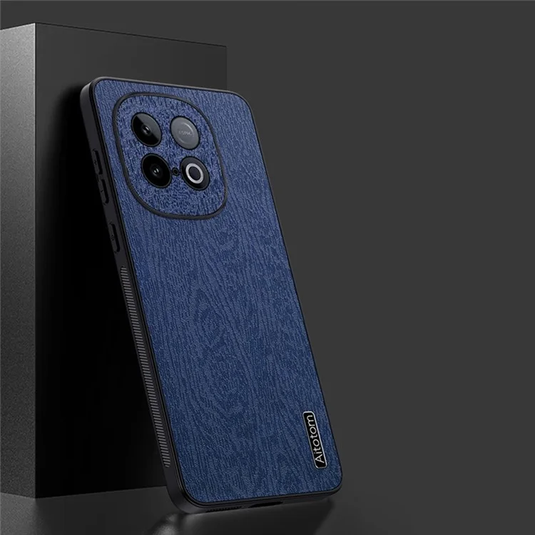 Чехол для vivo iQOO Z10 Turbo 5G с текстурой дерева, кожаным покрытием из ПК и ТПУ - Синий