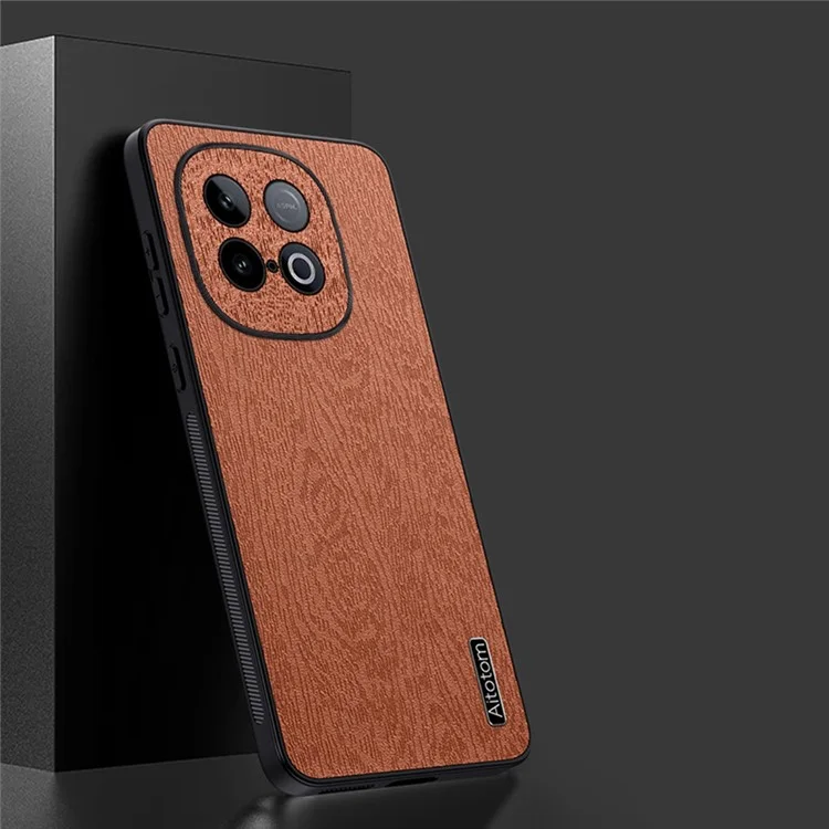 For vivo iQOO Z10 Turbo 5G Case Wood Texture PU Leather Coated PC TPU Phone Cover - Brown