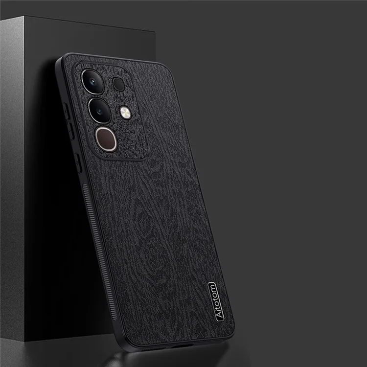 Чехол для vivo iQOO Z10x 5G с текстурой дерева, из кожзама с ПК и ТПУ накладками - Черный