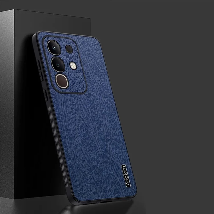 For vivo iQOO Z10x 5G Case Wood Texture PU Leather Coated PC TPU Phone Cover - Blue